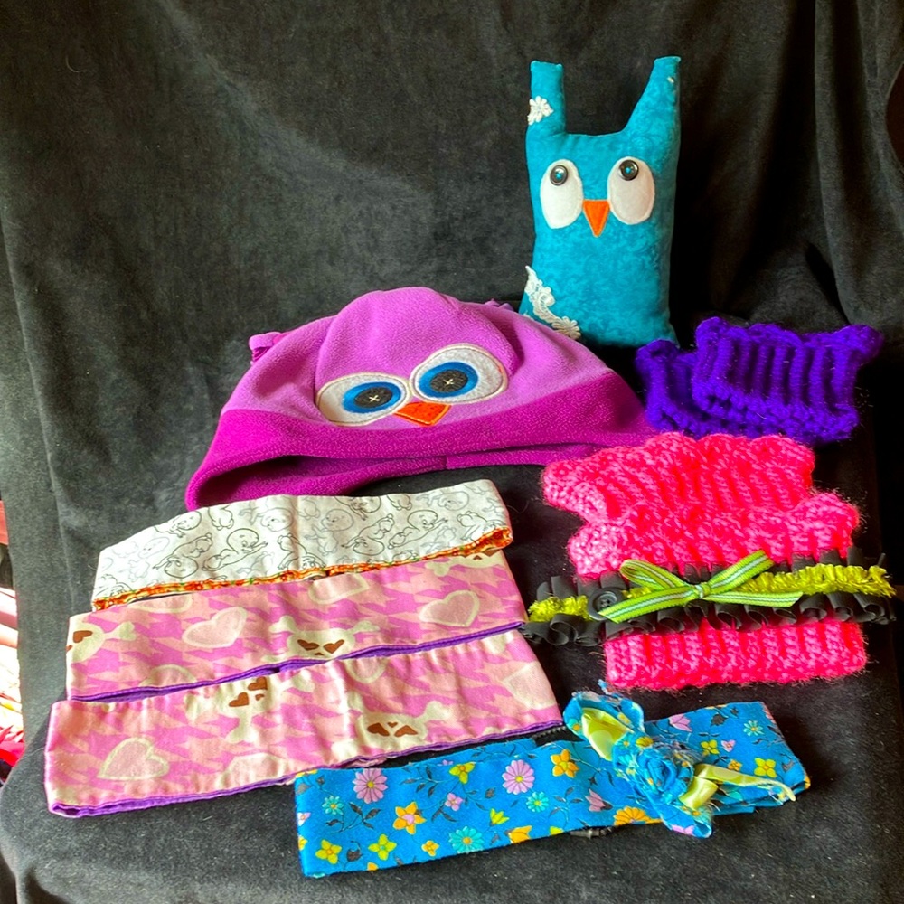 Halloween bundle: owl doll, hat, winter boot cuffs, fabric, headbands, bracelet